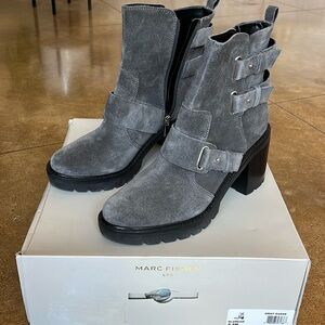 NEW Marc Fisher - Dream Lug Moto Ankle Boots - Gray Suede Block Heel - Size 8.5